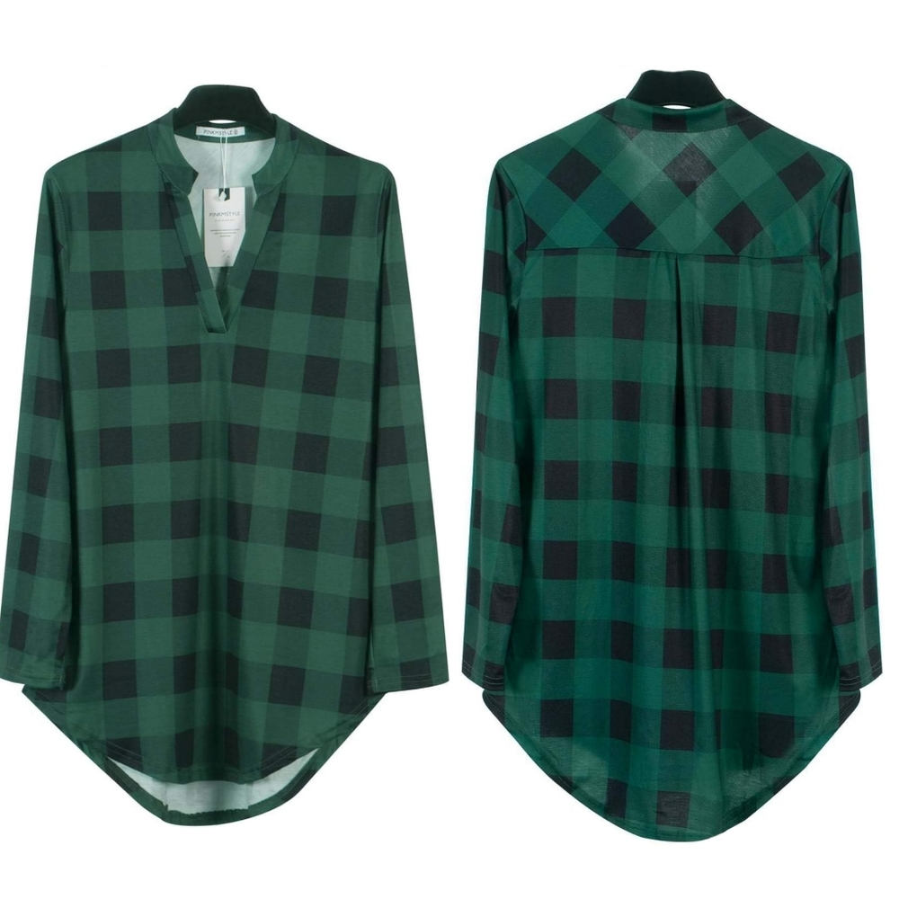 Long Sleeve V Neck Green Plaid Shirt